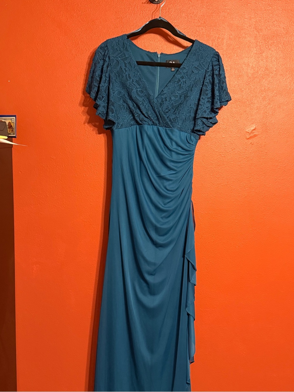 Betsy & Adam Teal Lace Bodice Draped Formal Maxi Dress